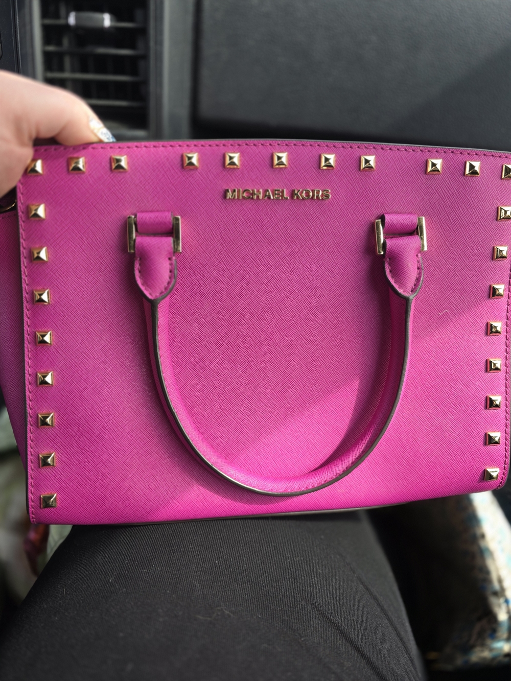 Michael Kors Pink Studded Saffiano Leather Satchel